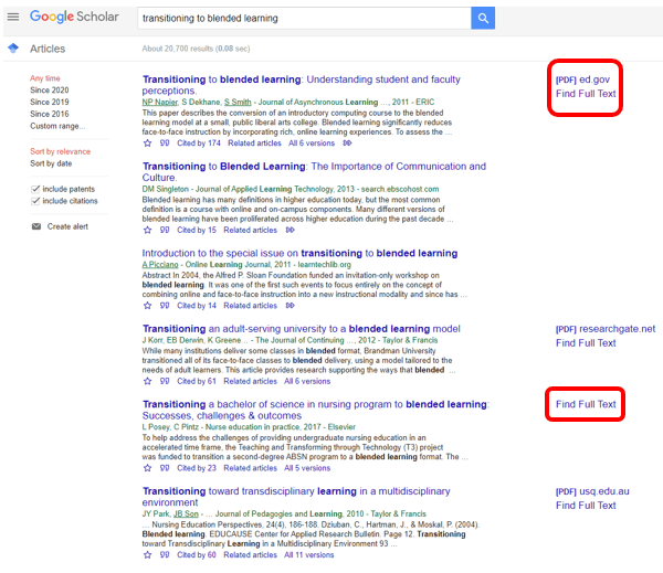 Google Scholar search results with "Find Full Text" links