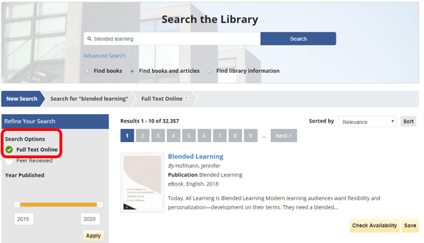 Library Website search with "Full Text Online" option selected