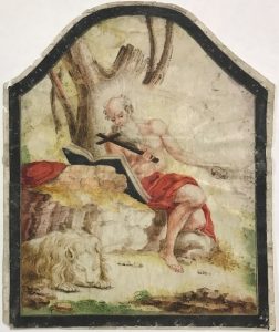 painting of a shirtless man, sitting on a rock reading a book. A lion sleeps at his feet.