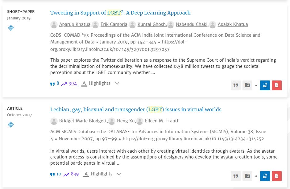 Screenshot of ACM search result for "LGBT+" showing two article titles - "Tweeting in Support of LGBT?: A Deep Learning Approach" and "LGBT issues in virtual worlds"