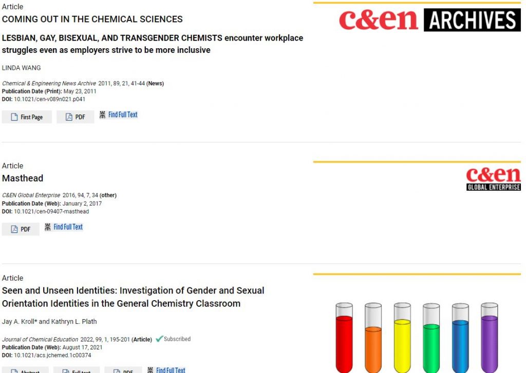 Screenshot of ACS search results of "LGBT+" articles including "Lesbian, Gay, Bisexual and Transgender Chemists encounter workplace struggles even as employers struggle to be more inclusive"