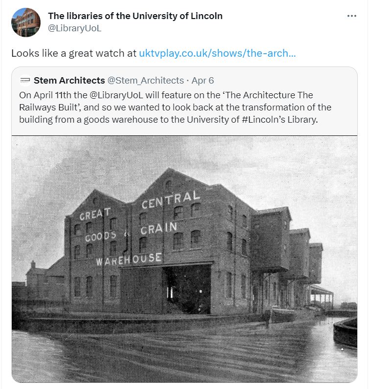 Tweet from Stem Architects about the main Library building as a warehouse and featured in a documentary called 'The Architecture the railways built'